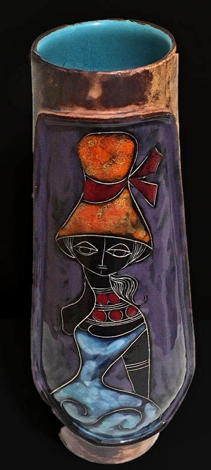 Marcello Fantoni Abstract Modernist-Leather-Ceramic Vase-10.5-inche
