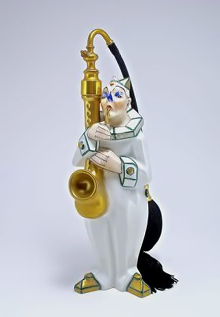 1920s-French-atomizer, decorated porcelain clown playing saxaphone