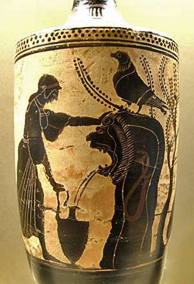 Polyxena at the fountain, watched out by Achilles (right). Attic white-ground lekythos, ca. 480 BC. From South Italy.