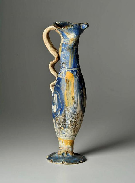 Alice Frederico footed vessel with curvy ribbon handle--17.5 inches height