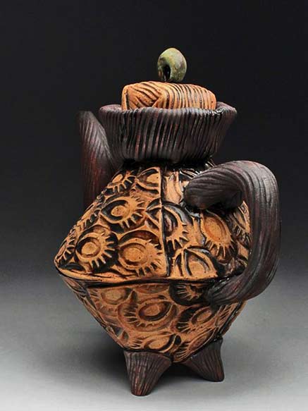 Amy-Sanders-orange and brown deep textured teapot