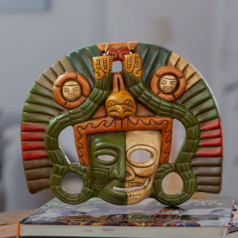 Angel Ceron Life and Death Pre Hispanic Mask Ceramic Replica, 'Aztec Duality'