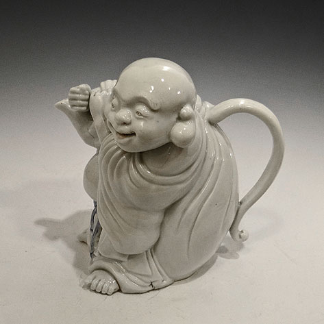 Antique-Japanese-Porcelain-Hirado-Hotei-Teapot-Blue-and-White-Circa-19th-Century