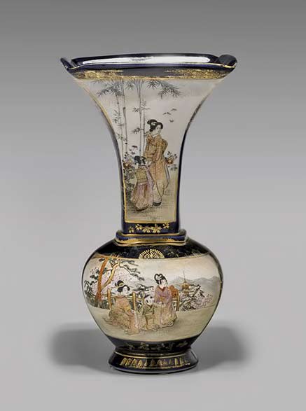 Antique-Japanese-Satsuma-vase;-of-bulbous-form-with-a-wide-flared-squared-mouth;-figural-panels--cobalt-blue-ground