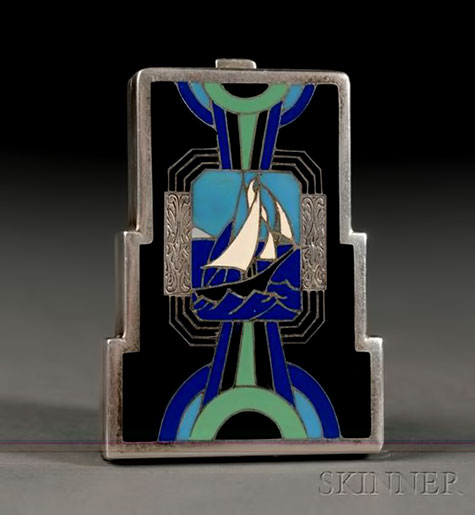 Art Deco Enameled Silver Compact, with yacht motif and stepped outline