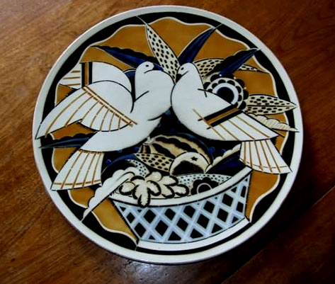 Turtle Doves art deco French wall plaque-EG-Luneville