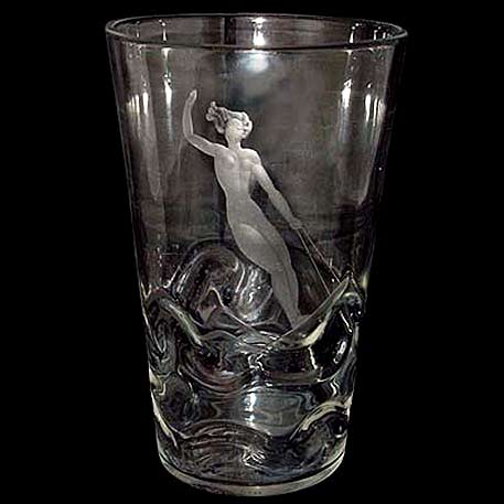 Art Deco glass vase with etched female water skier and wrythen glass to emulate waves designed by Vicke LINDSTRAND for ORREFORS, Sweden 1938. H.- 8.75