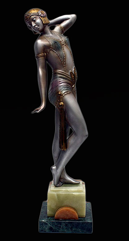 Art Deco spelter figure by A LECLERC, France ca. 1930, the silver cold-painted figure with polychrome decoration, mounted on a multi-coloured marble base 37cm