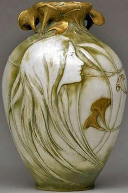 Art-Nouveau-vase with face motif and mushrooms on the rim