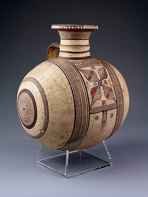 Barrel shaped-jar with one handle,-earthenware,-wheel-thrown-and-painted-in-black-and-red-on-a-buff-coloured-slip,-Cyprus,-ca.-750-600-BC.