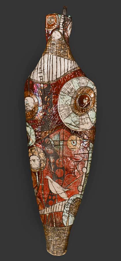 Beauty-of-UncertaintySmall - Tanya-Tyree-35-long-Hand-built-with-slabs,-incised-with-abstract-drawings,-brush-glazed-with-copper-and-colored-glazes