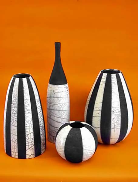 Black-and-white-striped-raku-pots Bubani artee raku