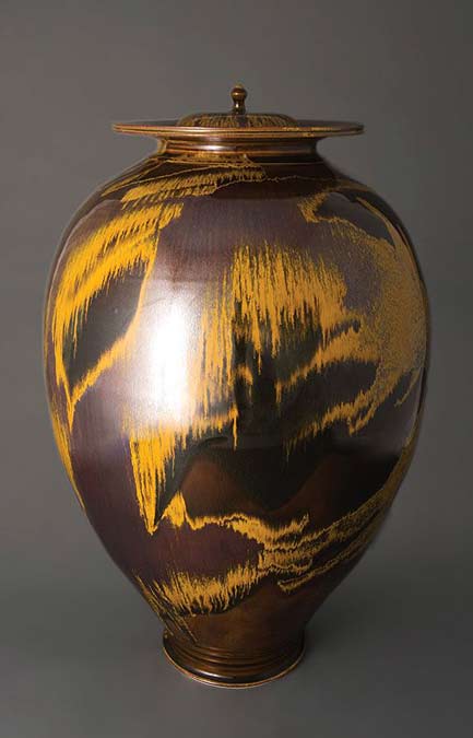Brother-Thomas,-large-vase-with-2-covers,-iron-yellow-glaze,-porcelain