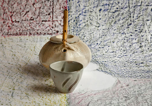 Catherine-White---2008-Winter-Solstice teapot and cup on hand painted paper