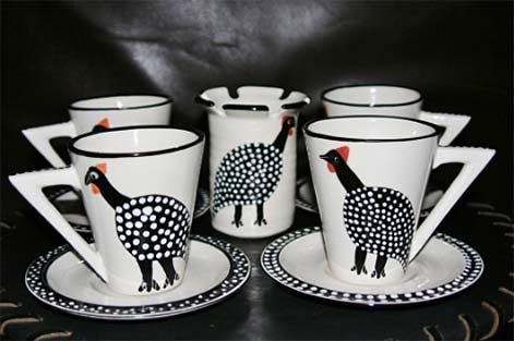 ceramic-tea-coffee-set-guinea-fowl-design-spoon-caddy-9-pc-handcrafted-cultures-international-from-africa