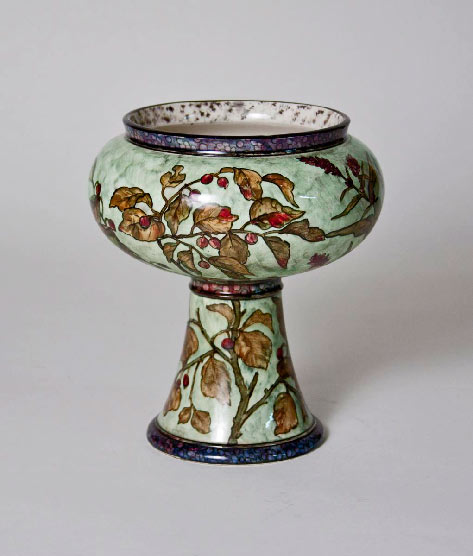 Chalice shaped ceramic vase by John Bennett with floral design featuring a butterfly, signed.
