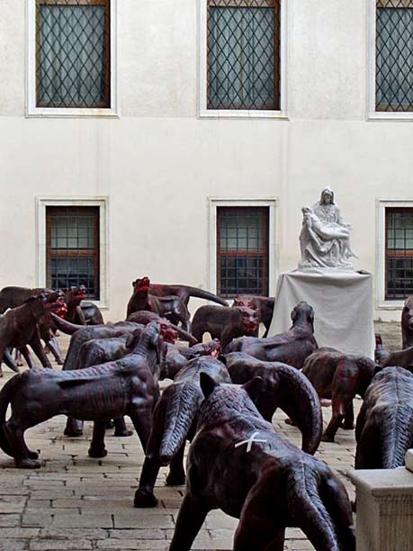 Chinese artist Liu Ruo Wang Iron Wolves. At the center of the copy of Michelangelo's Pietà. They symbolize the art and religious persecution insecurity.