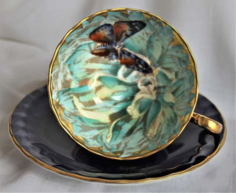 Cobalt Aynsley English Bone China Hand Painted Butterfly Tea Cup and Saucer Set
