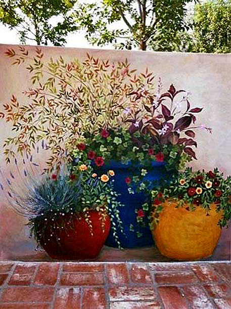 pot plant mural combined with real pot plants