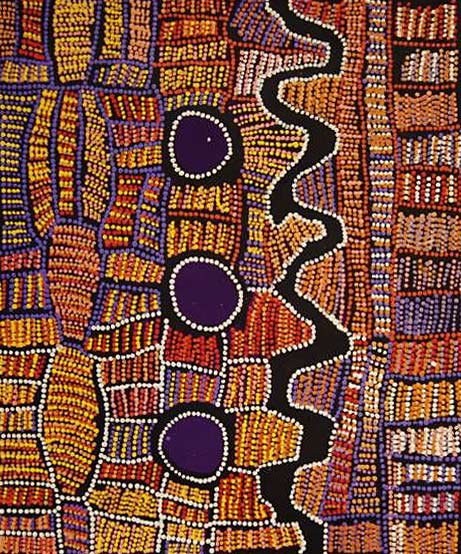 Doris Bush Nungarrayi painting~ Tjurrpinyi (Swimming at Haasts Bluff), 2013