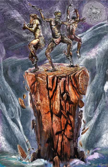 Earthbow---Paul-Roget - painting of 3 aboriginal men dancing on a rock