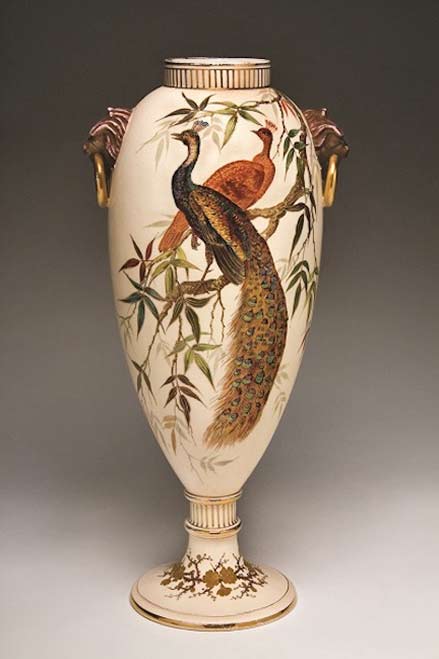 edward-lycett-vase-1886-90 footed vase with peacock motif and lion head handles