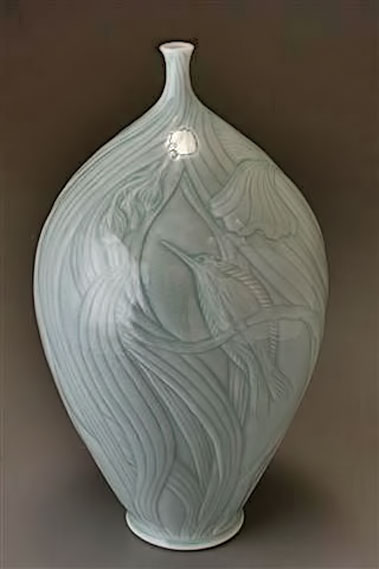 Elaine-Coleman-14x7-inches,-thrown-and-incised-porcelain,-light-blue-celadon-glaze