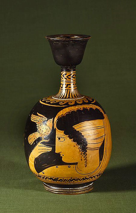 Etruscan-lekythos-,-c350BC with female head motif and bird