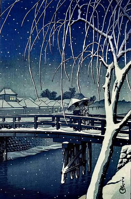 Evening-Snow-at-Edo-River’-1932-woodblock-print-by-Hasui-Kawase-by-Plum-leaves-on-Flickr