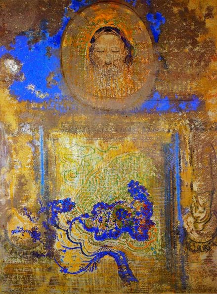Evocation_Odilon_Redon painting in gold and blues