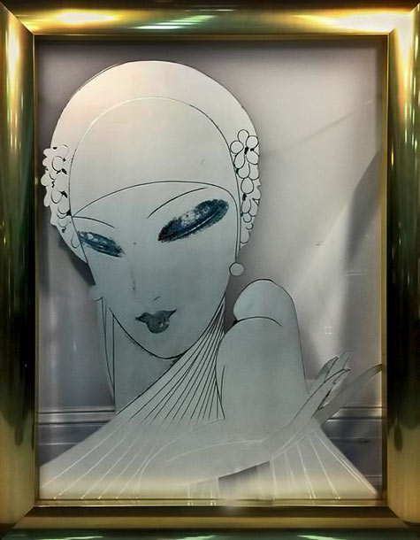 Flapper and dove painted on glass