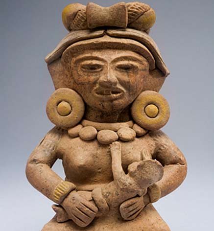 Female figure nursing an infant, terracotta clay figure sculpture