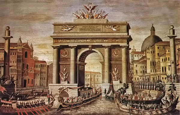 French-entering-Venice,-1797 Gondolas and Napoleon entering Venice on the canals