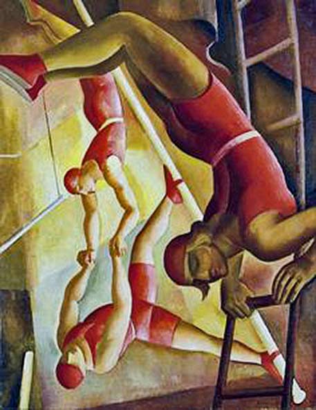 Gabor-Jeno-(1893-1968)-Acrobats Male circus acrobats in red costumes