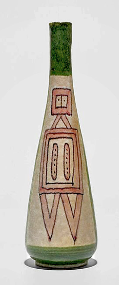 Guido-Gambone-large-ceramic-bottle with abstract figure motif