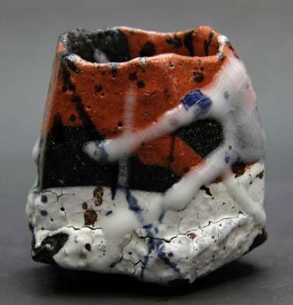 Ichikawa-Translucent-Sake-Bowl with white drip glaze on terracotta
