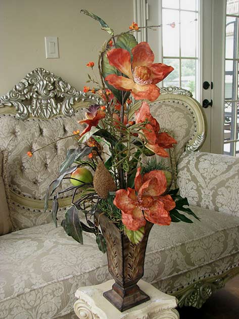 Silk flower display on white stone table
