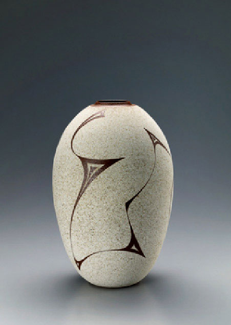 Jar with white slip and connected ridge design