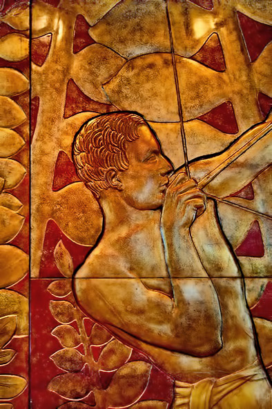 Jean-Dunand---lacquered-panel-from-'La-Chasse' of a bare chested man shooting an arrow