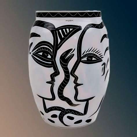 Kosta Boda Adam Eve & Serpent Glass Vase Sweden 1980's black head outline on white