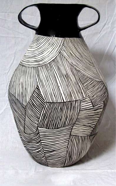 louise-gelderblom twin handled classical form pot with black/white striped patterns