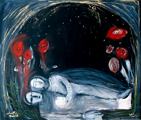 Lying in the poppies at night Oil on Canvas - Lydia Corbett