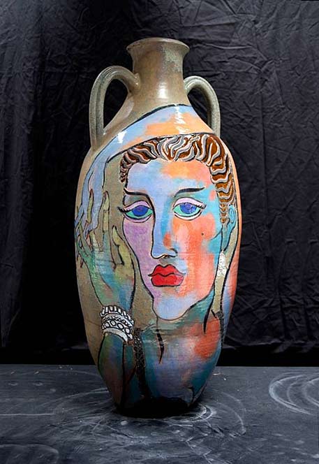 Mattie-Leeds twin handled vase with a woman showing her hands