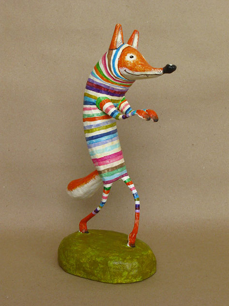 Mauricio Perez rainbow wolf paper mache figurine