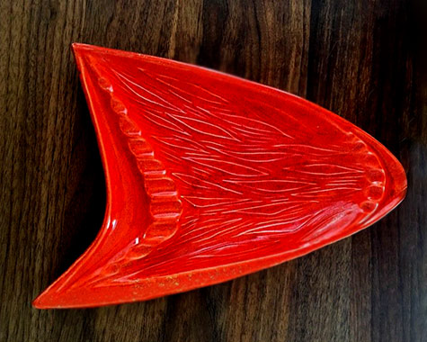 Mid-Century-California-Original-Pottery-981-Orange-Boomerang-Atomic-Ashtray-14inches