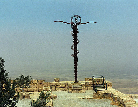 The Christological Symbol (Brazen Serpent Sculpture), created by Italian artist, Giovanni Fantoni, stands atop Mount Nebo