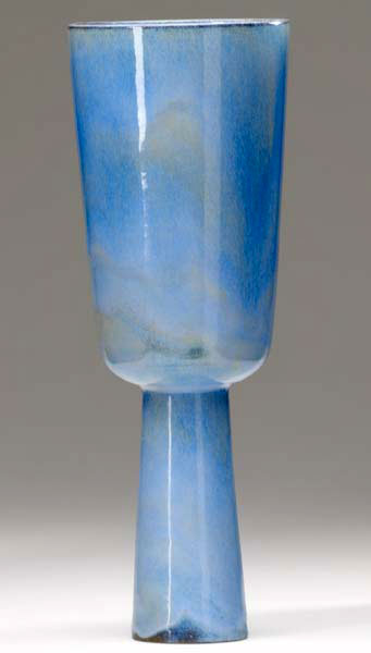 NATZLER Tall chalice covered in mottled sky blue and amber glaze