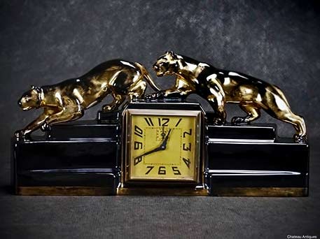 ODYV-French-Art-Deco mantle clock with black panther figures