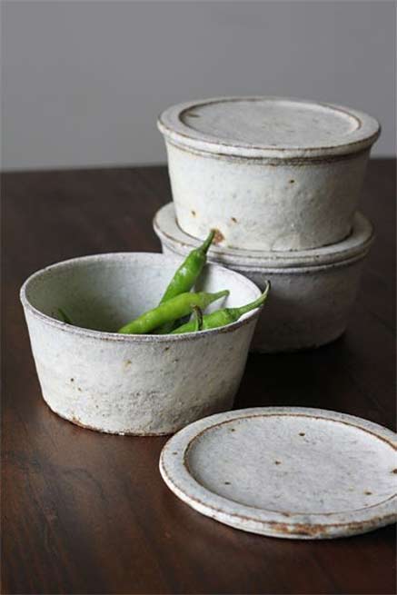 Lidded-ceramic-bowls and green chilis