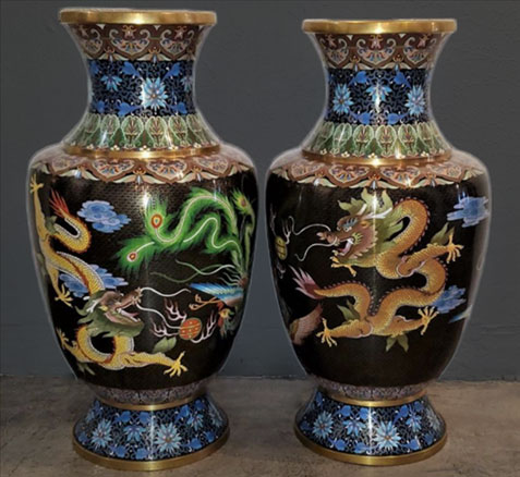Pair of Large Chinese Bronze Cloisonné Dragon and Phoenix Vases